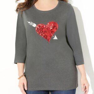 Catherines Gray Cotton Valentine Top Red Sequin Heart Accent 3/4 Sleeve 5X- NWT